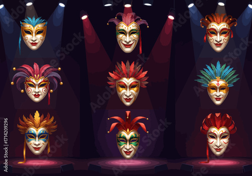 Collection of Colorful Carnival Masks on Stage with Spotlights Festive Masquerade.