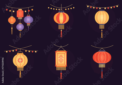 Collection of Decorative Asian Lanterns with Tassels and String Lights.