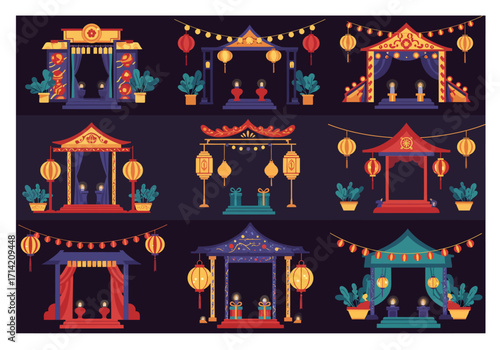 Collection of Decorative AsianInspired Pavilions with Lanterns and Plants.