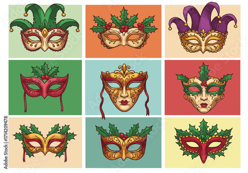 Collection of Decorative Carnival Masks with Holly and Berries Festive Masquerade Designs.