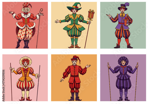 Collection of Six Cartoon Figures in Colorful Historical Costumes with Unique Designs.
