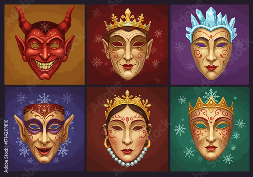 Collection of Six Decorative Carnival Masks with Various Designs and Embellishments.