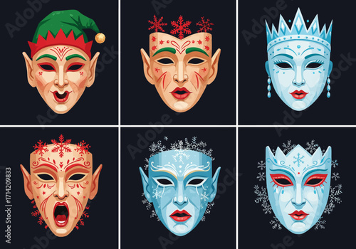 Collection of Six Festive Holiday Masks with Unique Designs.