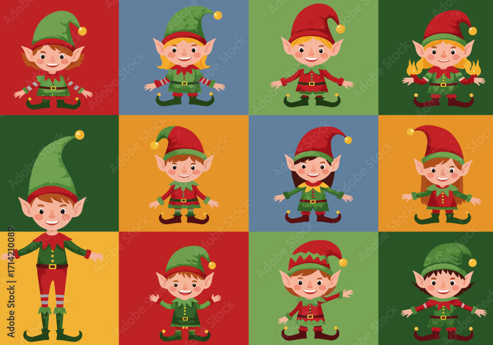 Fototapeta premium Colorful Grid of Cartoon Christmas Elves with Pointed Hats and Green Shoes.