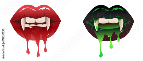 Halloween Vampire Mouths Dripping Red Blood and Green Poison Vector