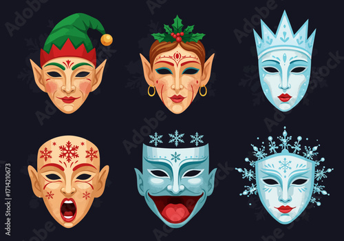 Festive Collection of Holiday Themed Masks with Elf Winter and Snowflake Designs.
