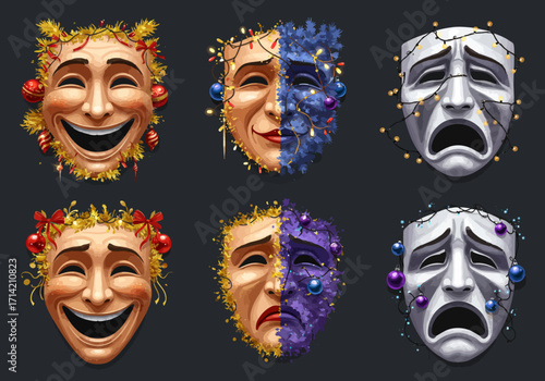 Festive Masks of Comedy and Tragedy with Holiday Decorations.