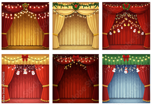 Festive Stage Curtains with Holiday Decorations and Lights.