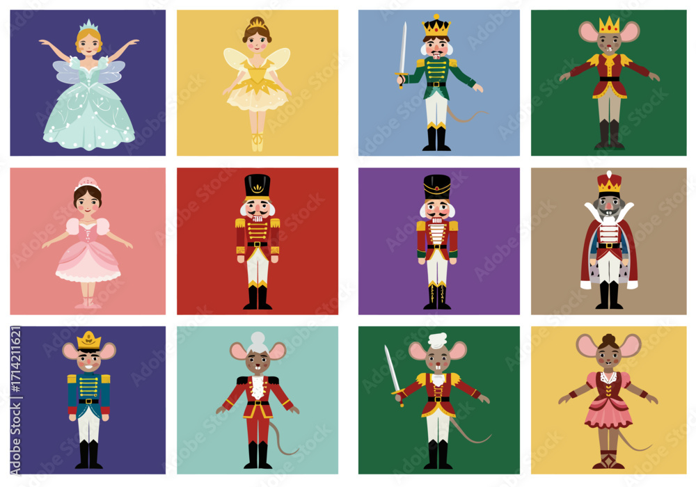 Fototapeta premium Nutcracker Ballet Characters Ballerinas and Nutcracker Soldiers Mouse King.