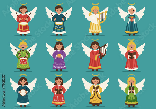 Twelve Cartoon Angels with Halos and Wings Playing Instruments and Holding Objects.