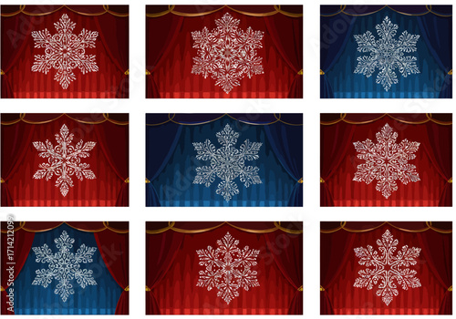 Snowflake Ornaments on Red and Blue Curtains Winter Holiday Decor.