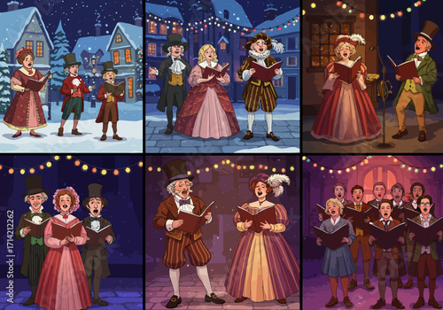 Victorian Christmas Carolers Singing in Festive Attire with Songbooks.
