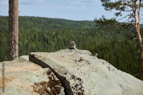 A Tranquil Nature Scene Featuring a Rocky Outcrop Surrounded by a Dense and Lush Forest