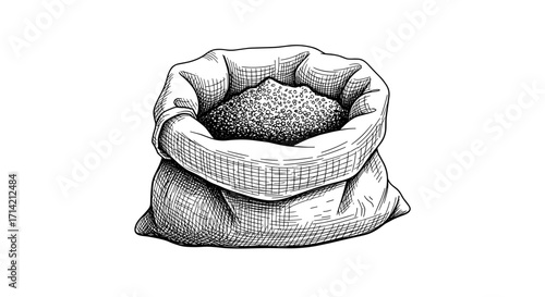 Hand Drawn Illustration of a Burlap Sack Filled with Grains.