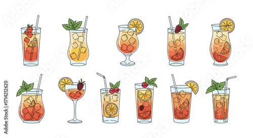 Collection of refreshing summer cocktails with garnishes and ice.