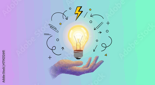 Bright Idea Light Bulb Held in Hand with Arrows and Lightning Bolt.