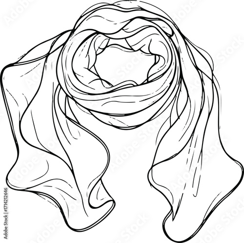 Black bold outline with white background, Minimal line art of scarf blowing in wind, thin flowy lines 3