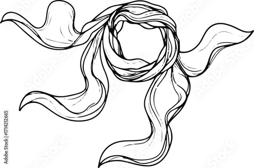 Black bold outline with white background, Minimal line art of scarf blowing in wind, thin flowy lines