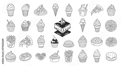 Collection of Hand Drawn Desserts and Fast Food Items.