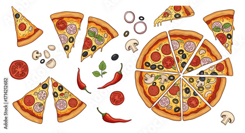 Delicious Pepperoni Pizza Slices and Ingredients Illustration.