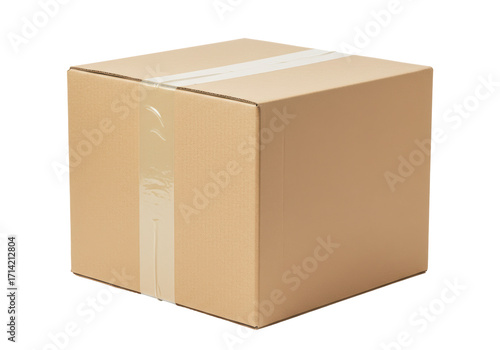Isolated brown corrugated cardboard box with clear packing tape for shipping and storage