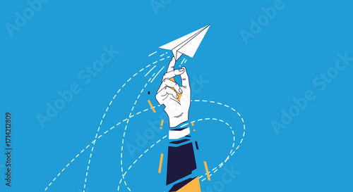 Hand launching a paper airplane into the blue sky.