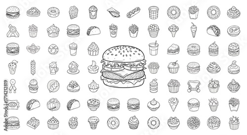 Collection of Hand Drawn Fast Food Icons and Illustrations.