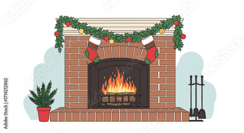 Christmas fireplace with stockings and garland decoration.