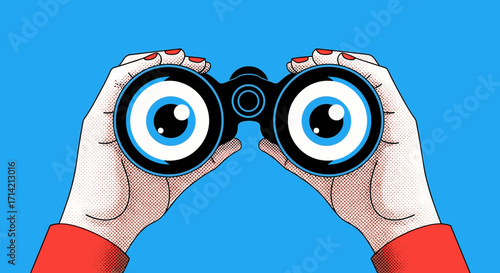Hands holding binoculars with eyes looking through lenses.