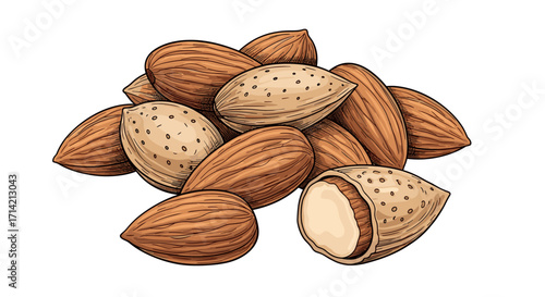 Pile of Almonds with One Cracked Open Showing the Nut Inside.