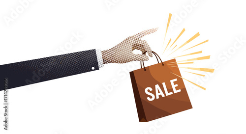 Hand holding a shopping bag with the word SALE.