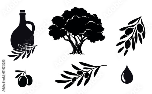 Olive set branches, tree and olive oil