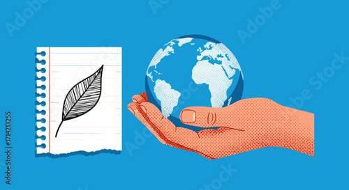 Hand holding planet earth with leaf drawing on notebook.