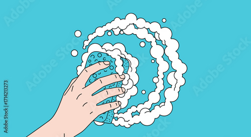 Hand Washing with Soap Bubbles and Sponge.