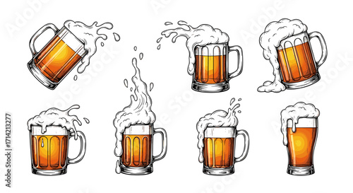 Collection of Beer Mugs with Splashing Foam and Liquid.