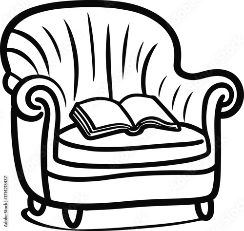 Black bold outline with white background, Minimal single line art of cozy chair with open book on seat 1