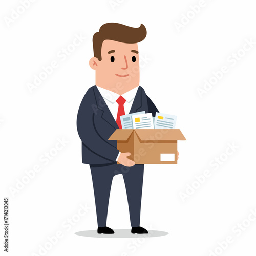 Flat Style Cheerful Man Carrying Cardboard Box with Documents Illustration