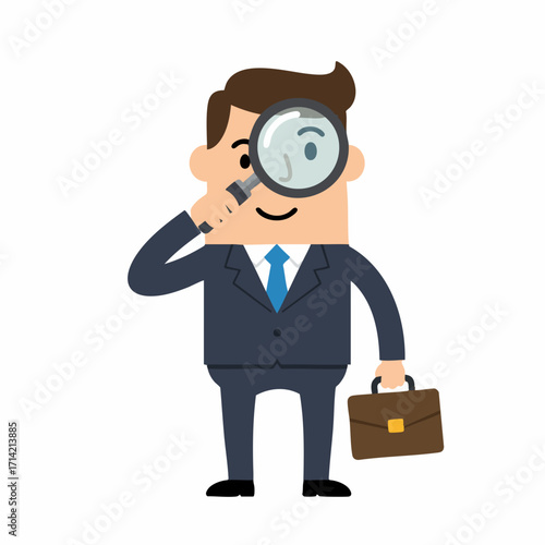 Cartoon Businessman Holding Magnifying Glass Search Investigation Job Opportunity Character