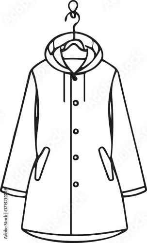 Black bold outline with white background, Minimal single line art of raincoat hanging on hook 3
