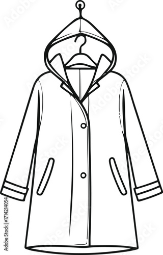 Black bold outline with white background, Minimal single line art of raincoat hanging on hook
