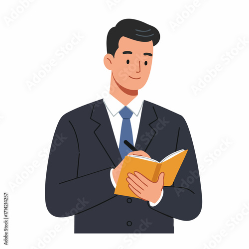 Flat Cartoon Businessman Writing Notes in Notebook Taking Important Information