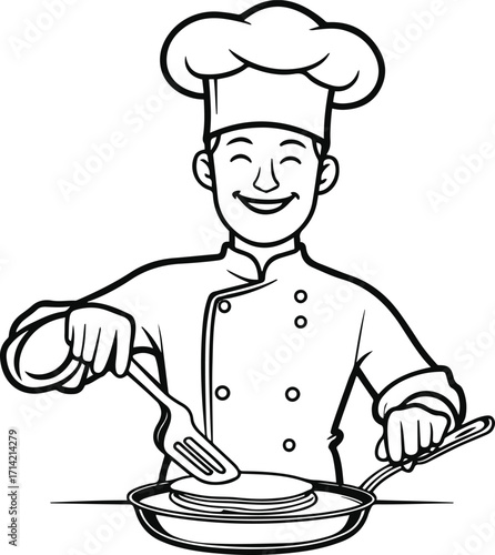 Black bold outline with white background, Outline of chef flipping pancake in pan, thin smooth line 1.