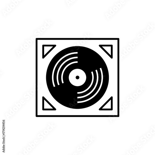 Black and white graphic of a vinyl record in a square sleeve.
