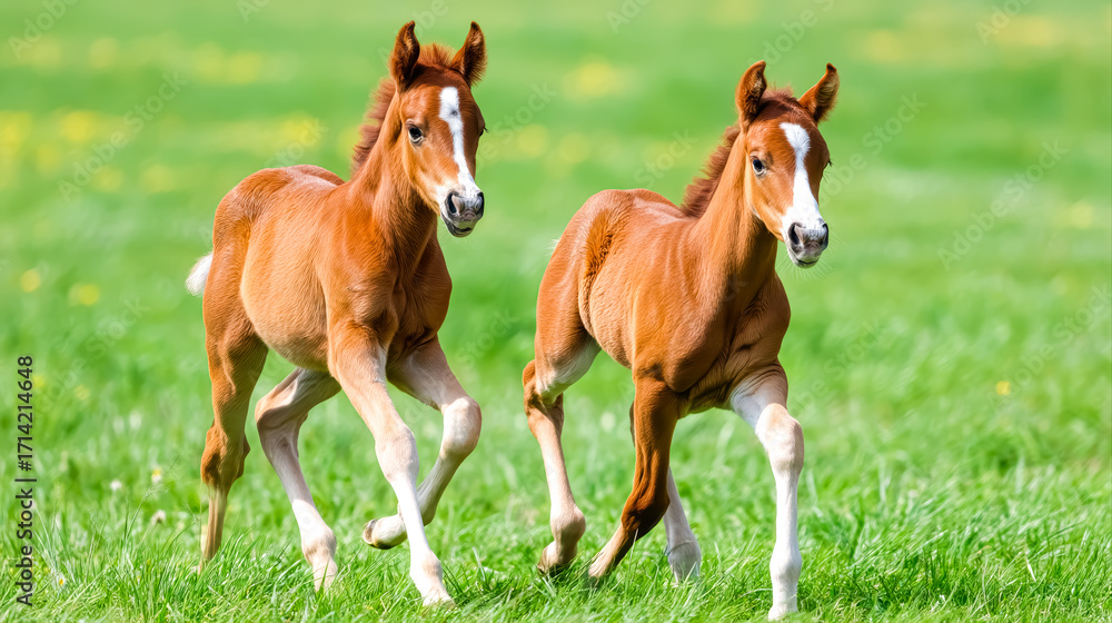 Fototapeta premium Two playful foals run across a sunny green meadow