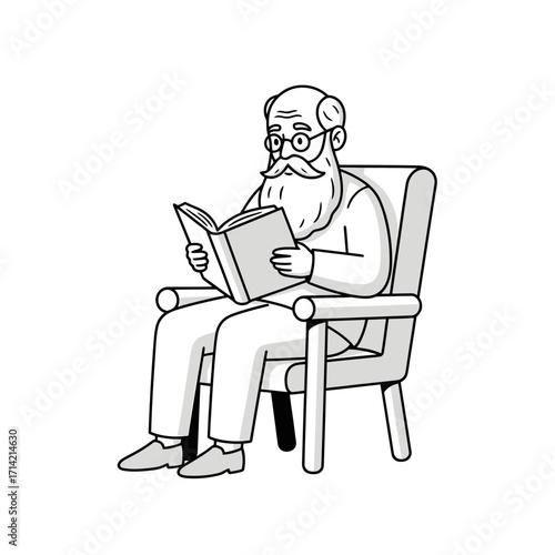 Elderly Man Reading Book in Armchair.