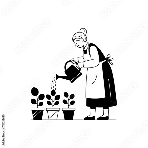 Elderly woman watering plants in pots.