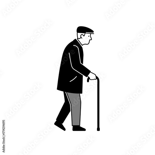 Elderly man walking with cane, side profile.