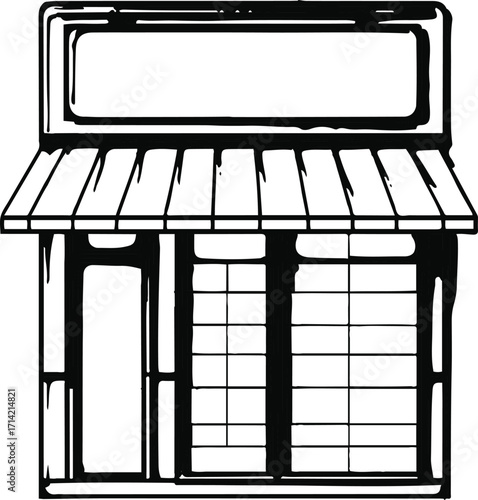 Black bold outline with white background, Outline of small bakery shop with signboard, minimal aesthetic 2