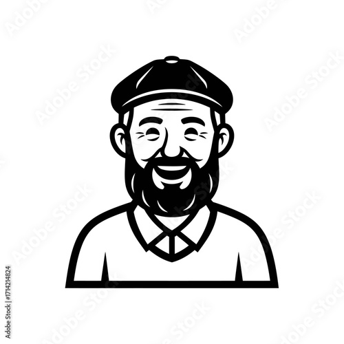 Happy elderly man with a beard and flat cap logo.