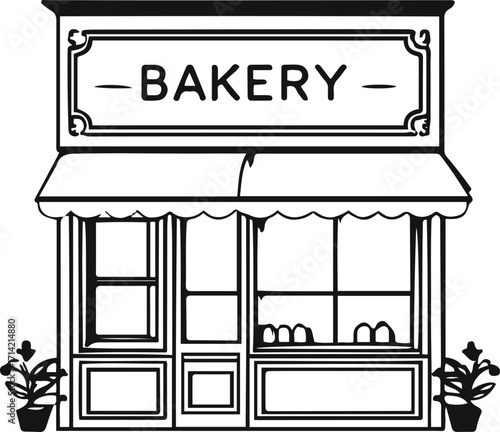 Black bold outline with white background, Outline of small bakery shop with signboard, minimal aesthetic